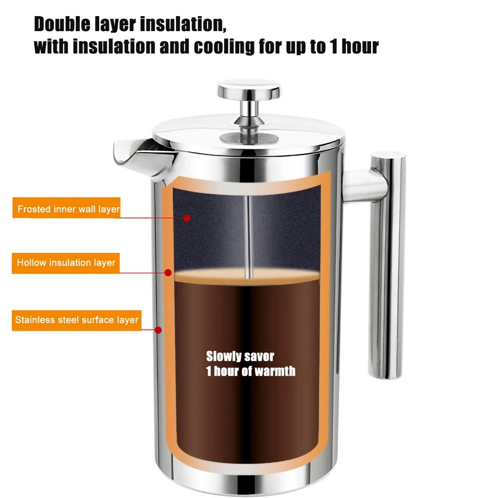 【French Press】800ml 1000ml เครื่องชงกาแฟสด เครื่องชงกาแฟ Double Wall 304 Stainless Steel Coffee Maker Tea Pot thumbnail 4