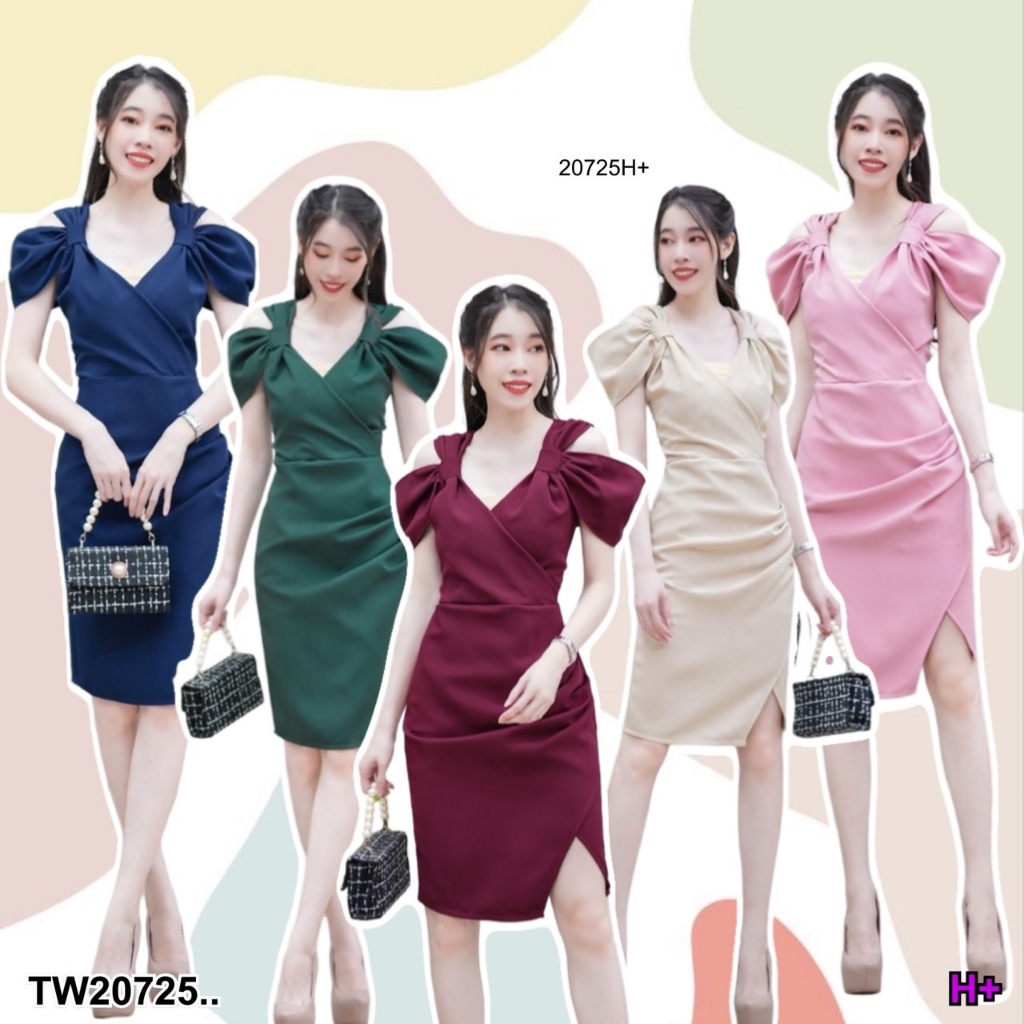 เดรสเว้าไหล่ กระโปรงไขว้จีบ .. TW20725