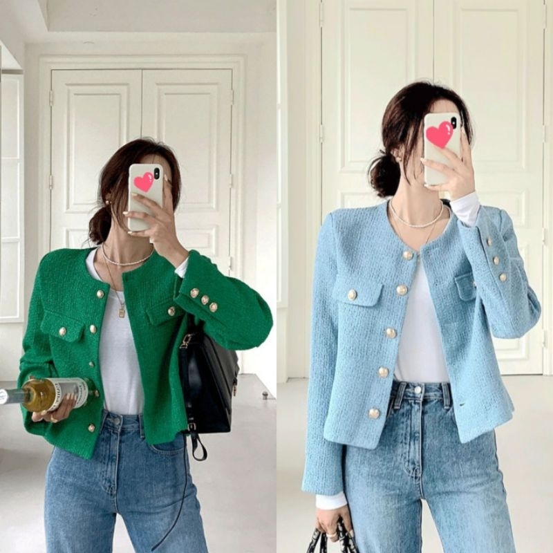 พร้อมส่ง 2สี เขียว,ฟ้า เสื้อคลุมผ้าทอกระดุมสีทอง T081