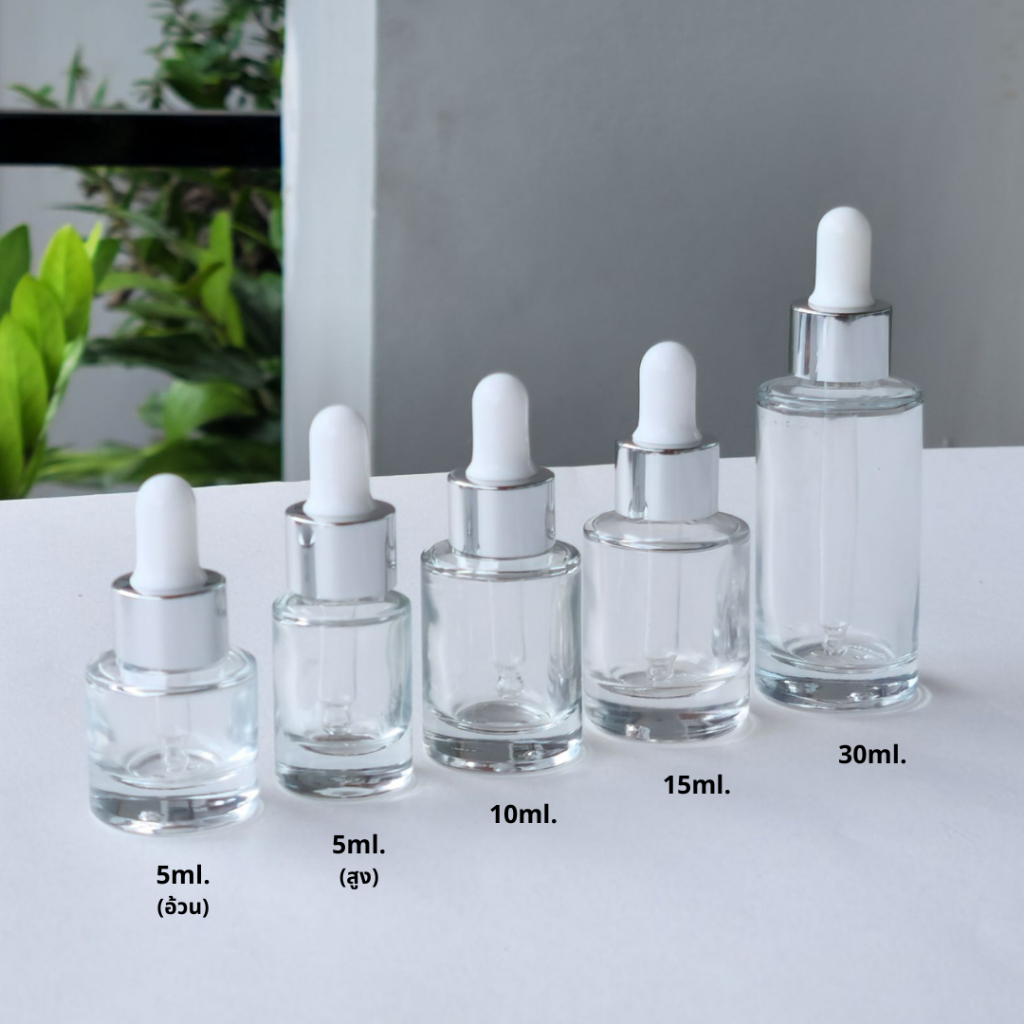 ขวดแก้วพร้อมดรอปเปอร์(ฝาสีเงิน จุกขาว)ขนาด 5ml 10ml 15ml 30ml หัวบีบหยด ใส่เซรั่ม เอสเซ้นต์ น้ำหอม ขวดแบ่ง ภาชนะ