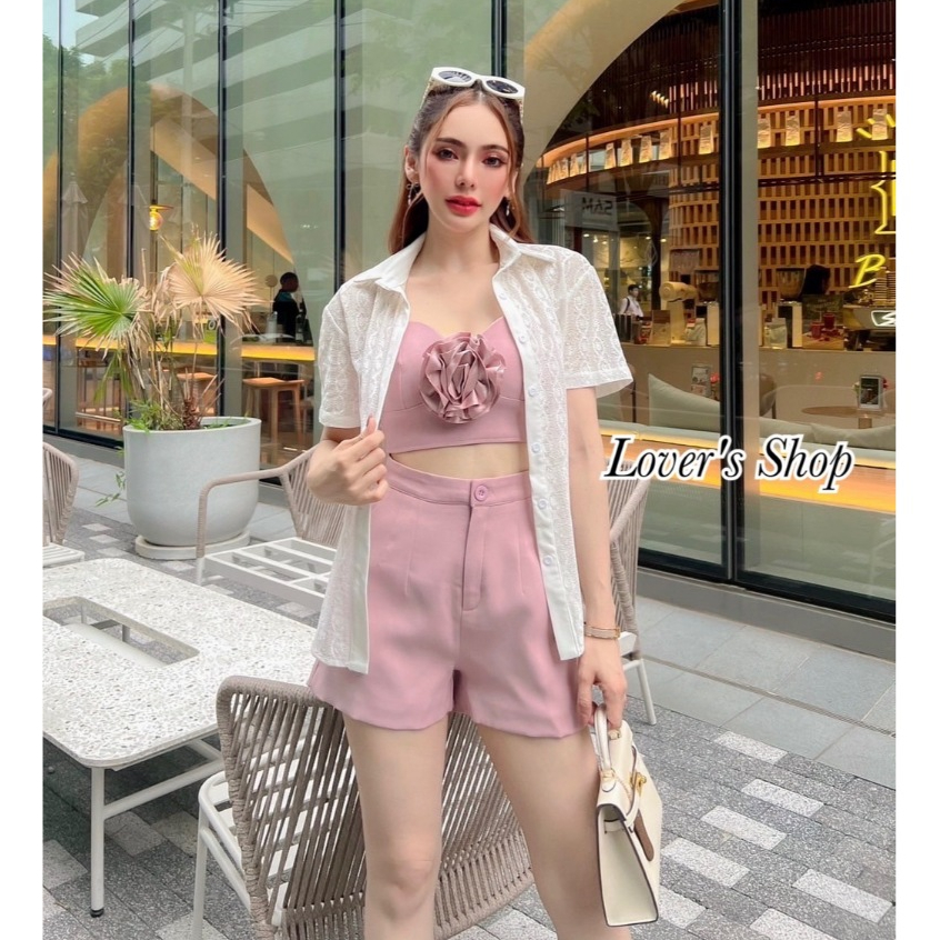 Lover's Shopชมพู เซ็ท3ชิ้น เสื่อคลุมลูกไม้+เสื้อคร็อปสายเดี่ยว(*รบกวนเช็คสต๊อกก่อนกดสั่งซื้อ)