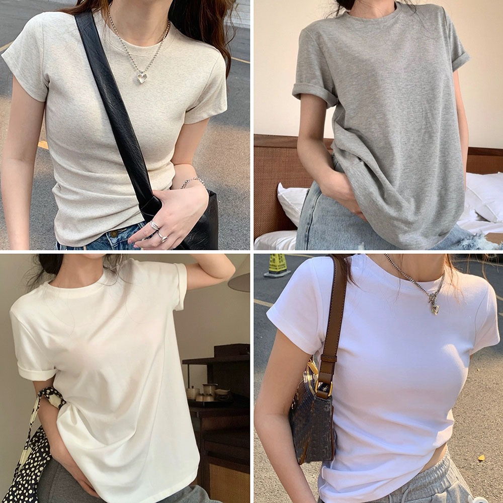 cherryshop🍒พร้อมส่ง เสื้อครอป เสื้อยืด แฟชั่นผู้หญิง แขนสั้นสีทึบ หลวมลำลองและทันสมัย น่ารักสไตล์เกาหลี oversize