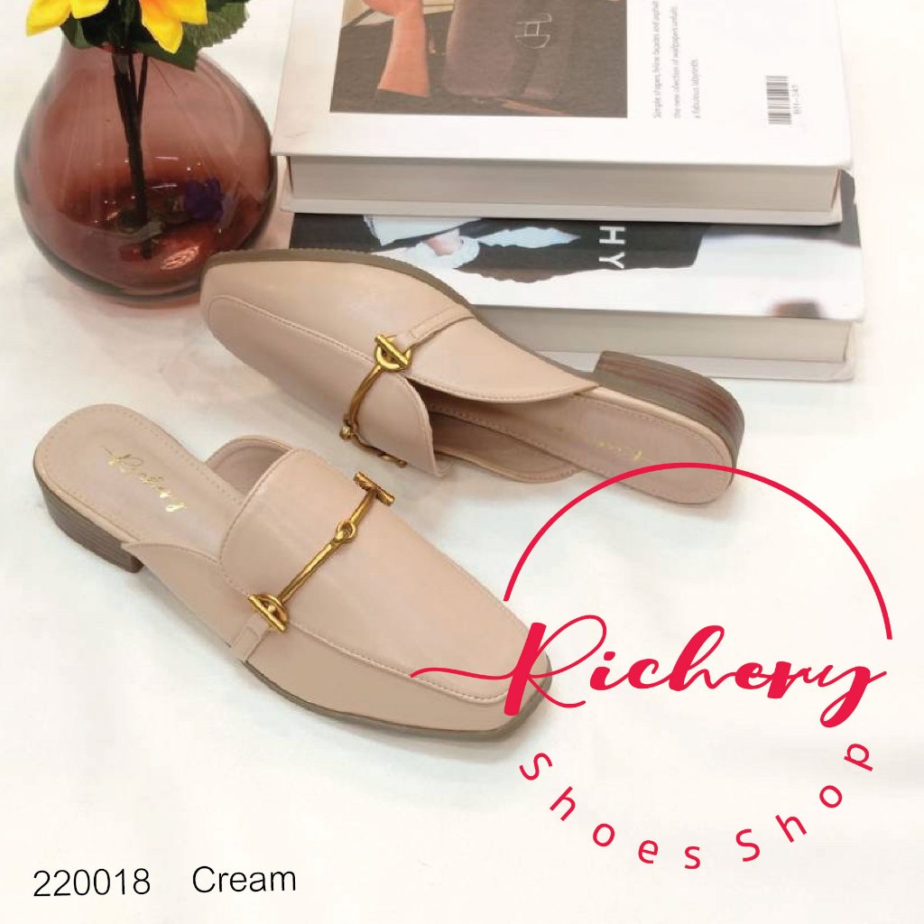 รองเท้าแฟชั่น งานพรีเมี่ยมส้นสูง 1 นิ้ว ทรงหัวตัด เปิดส้น ประดับโลหะเส้นคาดทอง หนังนิ่มใส่สบาย