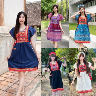 ชุดเดรสพื้นเมือง รุ่นเดรสยาวกลาง ชุดดอยน่ารักๆ ชุดชาวเขาใส่เที่ยวเหนือ 🍒สินค้าพร้อมส่ง🍒