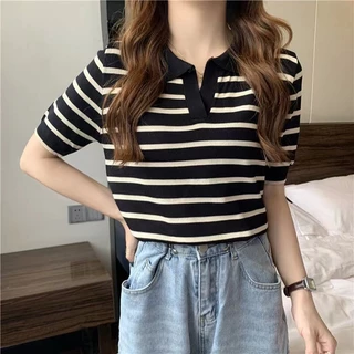 🌩พร้อมส่งเสื้อไหมพรมคอปกแขนสั้นลายทาง-81018