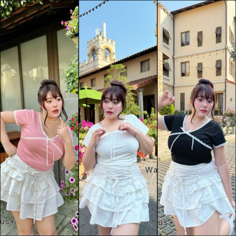 (ลด 50% Shoee video )เสื้อคอกลมแต่งลูกไม้ สีหวานน่ารัก