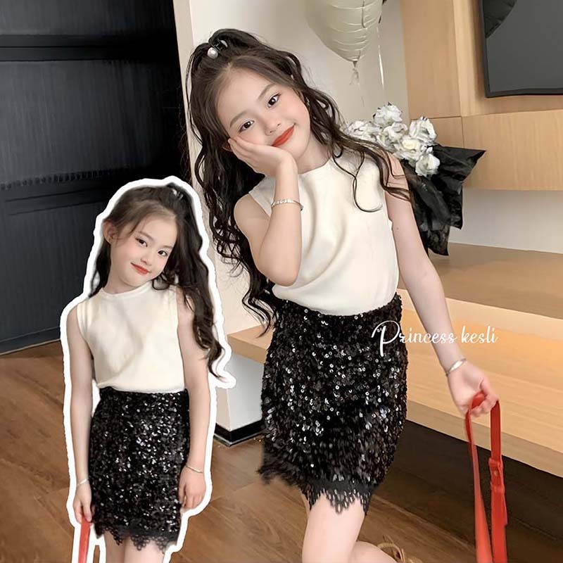 PRINCESS KESLI ชุดเชทเด็กผู้หญิง เสื้อแขนกุด+ชุดเจ้าหญิง ชุดเจ้าหญิงสองชิ้น ผ้าฝ้าย ใส่สบาย 2-12 ปี