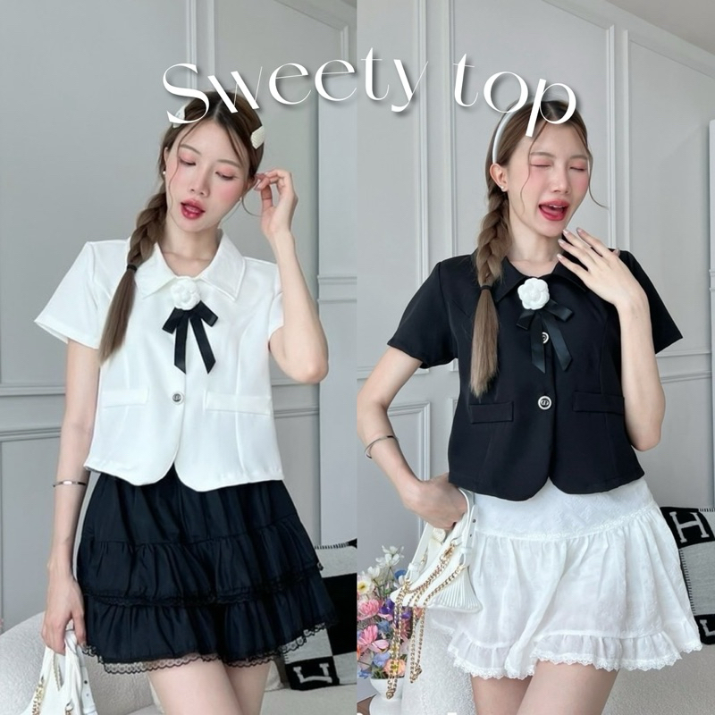 เข็มกลัดดอกไม้ถอดได้ เสื้อเชิ้ตผ้าเปเป้ทรงเข้าเอว แต่งกระเป๋า / I1-4//COOK-กลัดขด