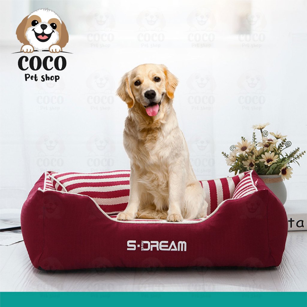 cocopet_shop ที่นอนหมาแมว ที่นอนสัตว์เลี้ยง เบาะรองนอนหมาแมว เบาะสัตว์เลี้ยง ลายทางสีแดง เบาะนุ่ม สบาย ด้านล่างมีกันลื่น