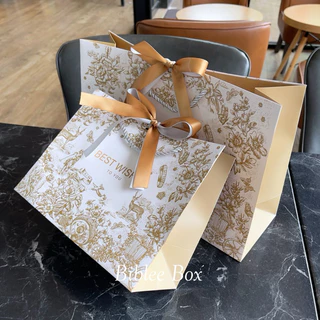 ꒰1ใบ꒱ถุงกระดาษ BEST WISHES โทนสีขาว*:･ทอง (หูหิ้วแยก) ริบบิ้นทูโทน สีทอง-เงิน