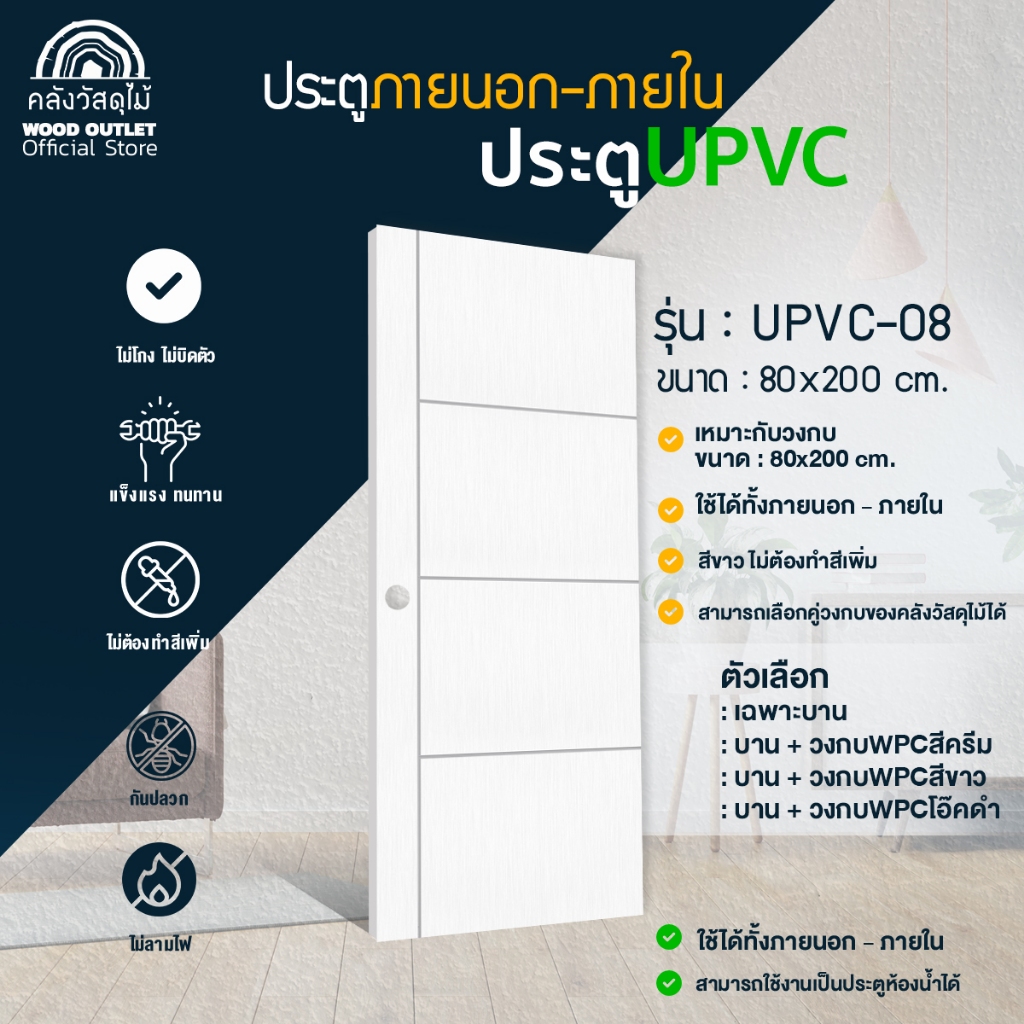 WOOD OUTLET (คลังวัสดุไม้) ประตู UPVC-08 (พร้อมเจาะ) ขนาด 80x200 cm เลือกจับคู่วงกบ หรือ เฉพาะบาน