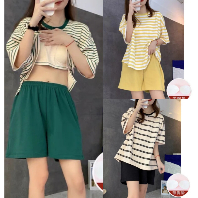 🔥🔥M-4XL，ราคาที่ถูกที่สุด，ชุดนอนผู้หญิง， ลายขวาง， ผ้าฝ้ายเนื้อนุ่ม， 4 สี， ชุด 3 ชิ้น，ขาสั้น+เสื้อ+ฟองน้ํา