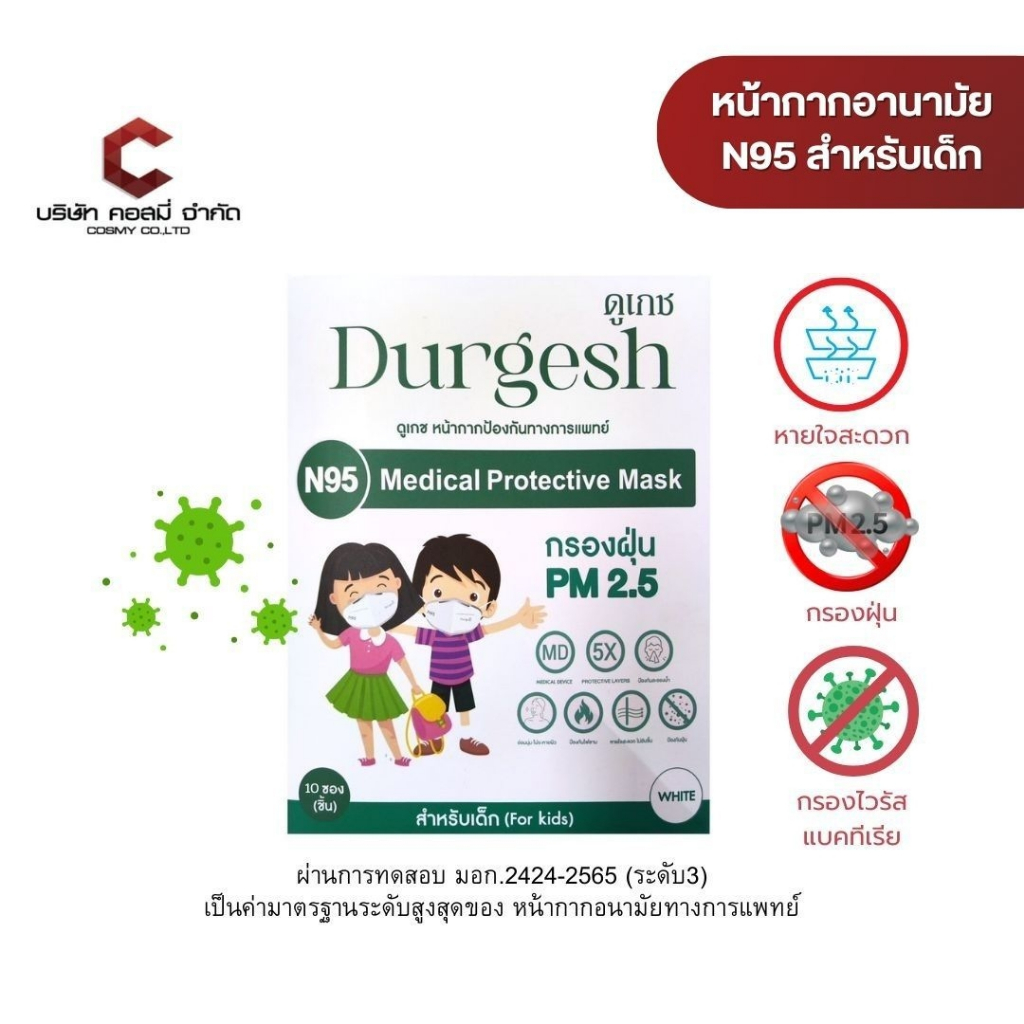 N95เด็ก แบบ 1/3/5/10 ชิ้น  Medical Mask Kid ยี่ห้อ Durgesh สีขาว (สำหรับเด็ก)  (For kids) พร้อมส่ง