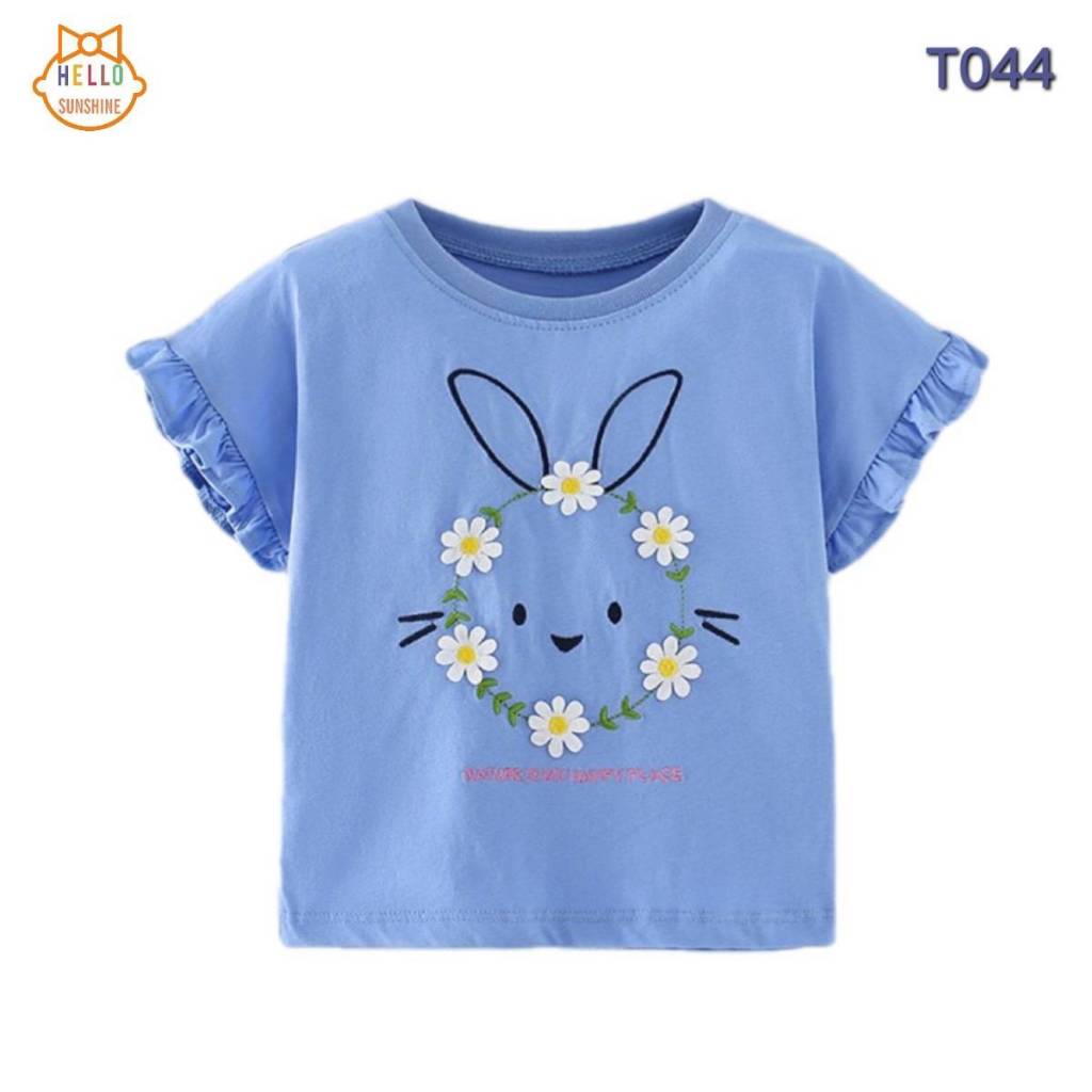 🐰พร้อมส่งจากไทย🐰 เสื้อยืดเด็ก ผ้าคอตตอน100% สีฟ้า ปักลายดอกไม้กระต่าย
