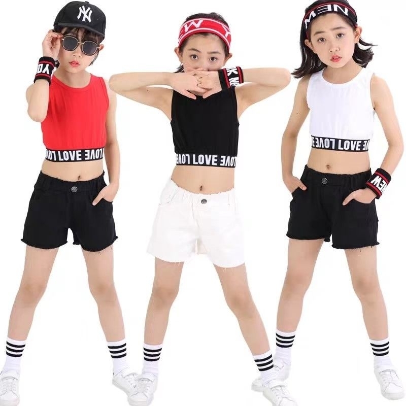 พร้อมส่ง งานตัดเอง เสื้อครอปเด็กผ้าสเปนเด็กซ์ เสื้อกล้ามเอวลอยสไตล์ hip hop ชุดเอวลอยเด็ก เสื้อเด็กหญิง