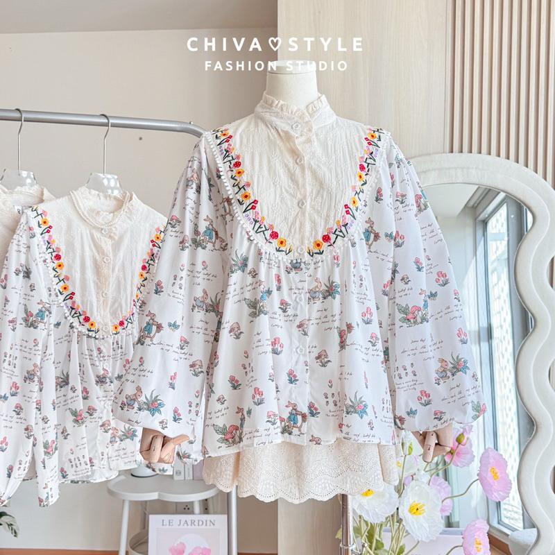 -𝐂𝐡𝐢𝐯𝐚- พร้อมส่ง‼️ เสื้อคอปีนเนื้อผ้าทอปักลูกไม้ พิมพ์ลายกระต่าย
