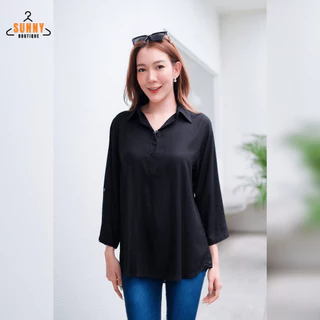 SunnyBoutique เสื้อเชิ้ตคอปก ผู้หญิง ผ้าสปัน แขน3ส่วน กระดุมครึ่ง อก40"-46" ใส่สบาย ไม่ร้อน
