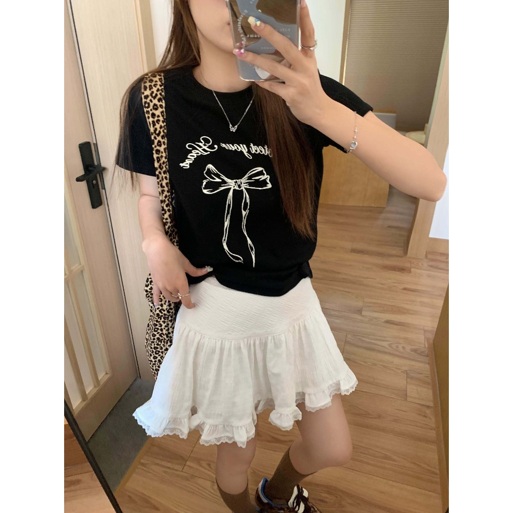 Beryl🌻เสื้อยืดคอกลมผู้หญิง เสื้อยืดโบว์หวาน ทรงสลิมฟิตแบบลำลอง - รูปที่ 3