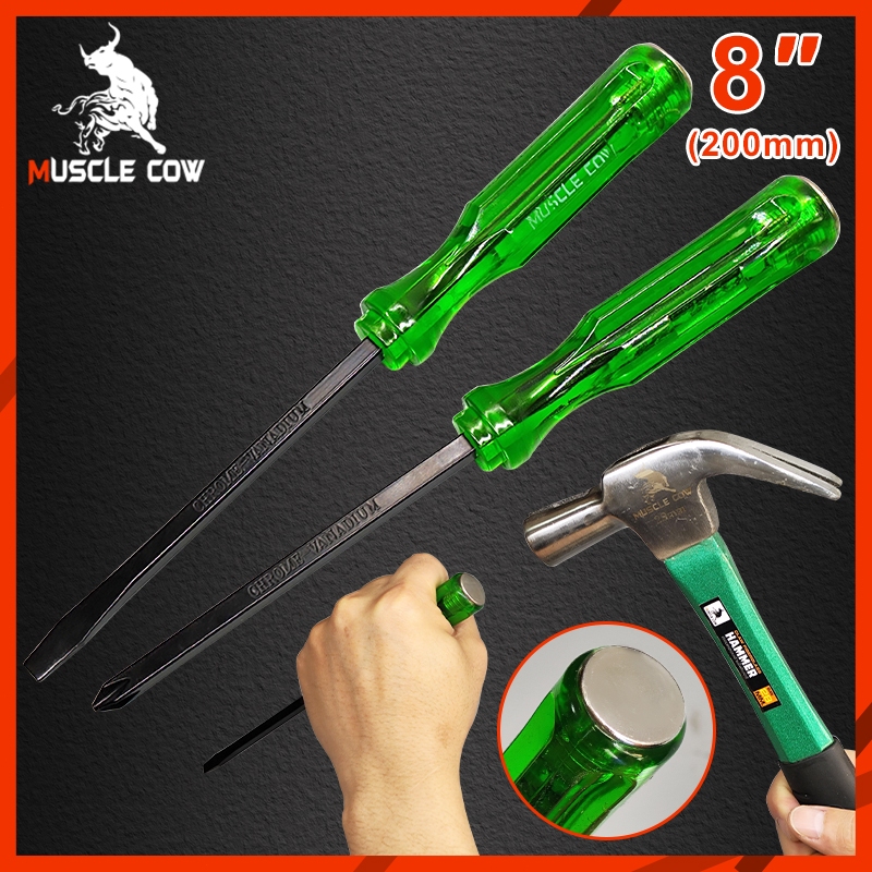 ไขควง Muscle Cow ปากเเฉก-แบน 2 ตัว/ชุด ท้ายตอกได้ ปลายแม่เหล็ก 6 mm x 4" ไขควงปา