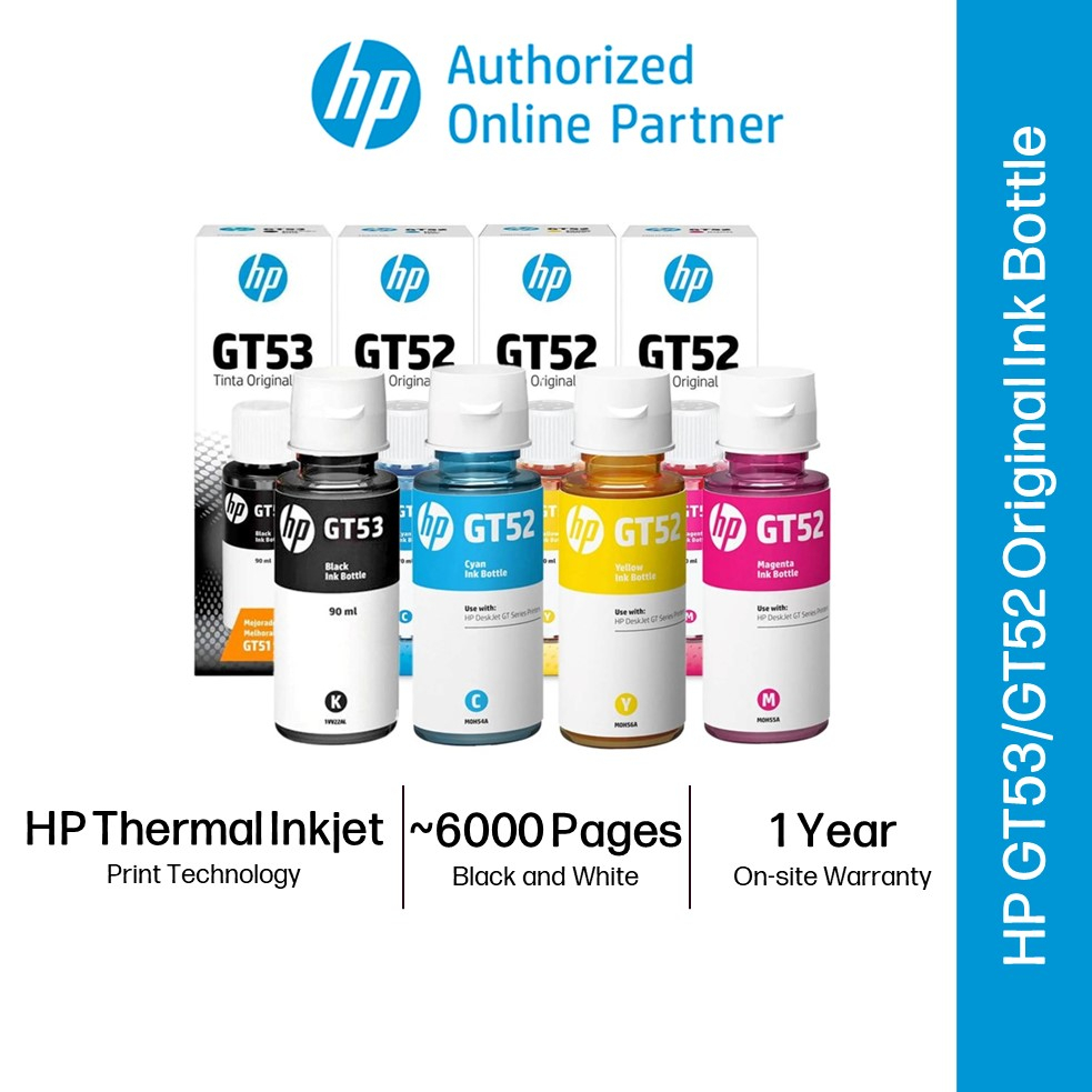 หมึกแท้ HP GT53 สีดำ Black ขนาด 90 Ml. , GT52 สี C, M, Y สีละ 70 Ml. ของแท้ 100 % **แบบไม่มีกล่อง**