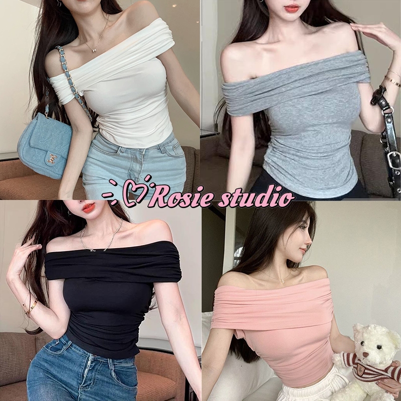 Rosie พร้อมส่ง🍒เสื้อเซ็กซี่ผู้หญิง🍒เสื้อยืดแขนสั้นเปิดไหล่ เสื้อครอปปาดไหล่ สีพื้น ทรงลูกคุณหนู เรียบหรูน่ารัก สาวอวบใส่