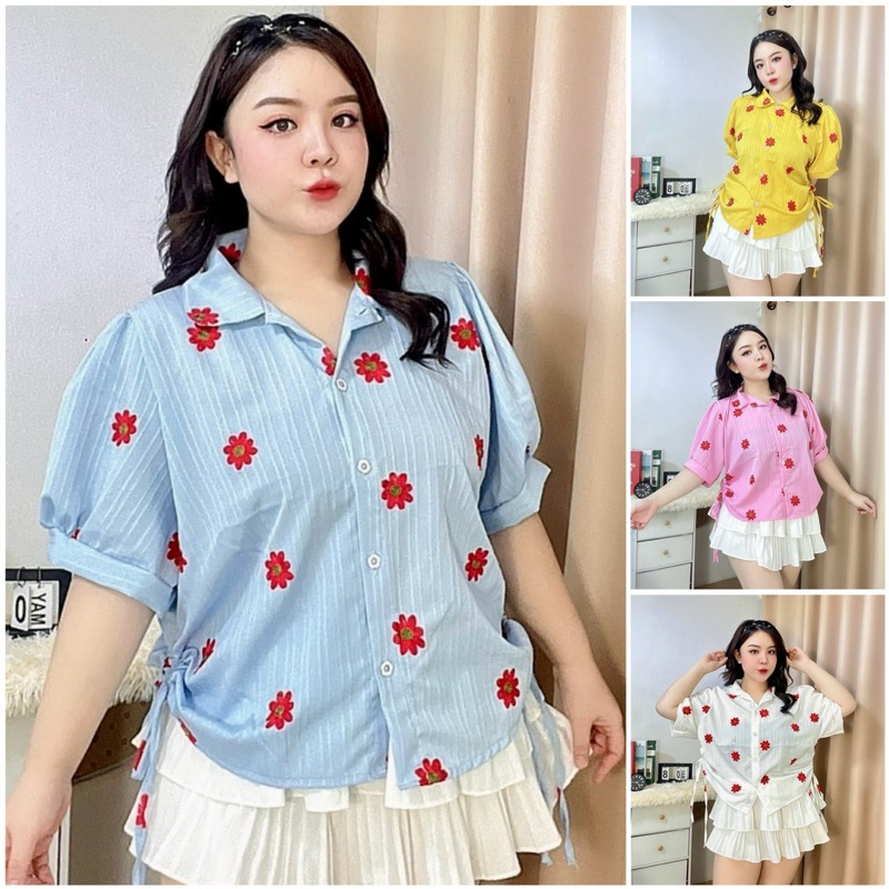 เสื้อสาวอวบ ไซส์ใหญ่ รูดข้างแขนสั้น ผ้าด็อบบี้ปักลายดอกไม้ หน้าผ้า 52“ อก 42-50”