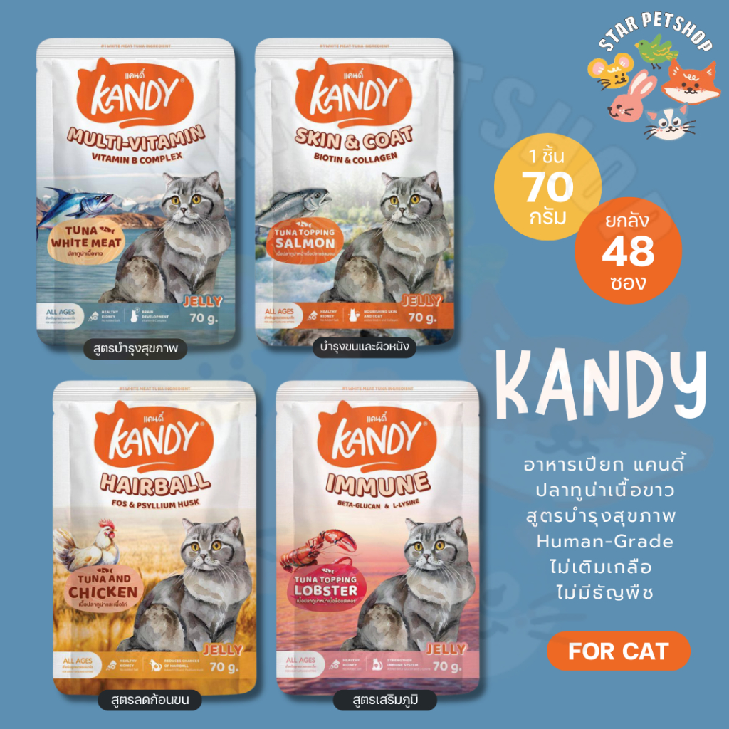 Kandyอาหารเปียกแคนดี้ Holistic Grain free ทูน่าเนื้อขาว ไม่เติมเกลือ บำรุงสุขภาพ ขนาด 70g*48ซอง