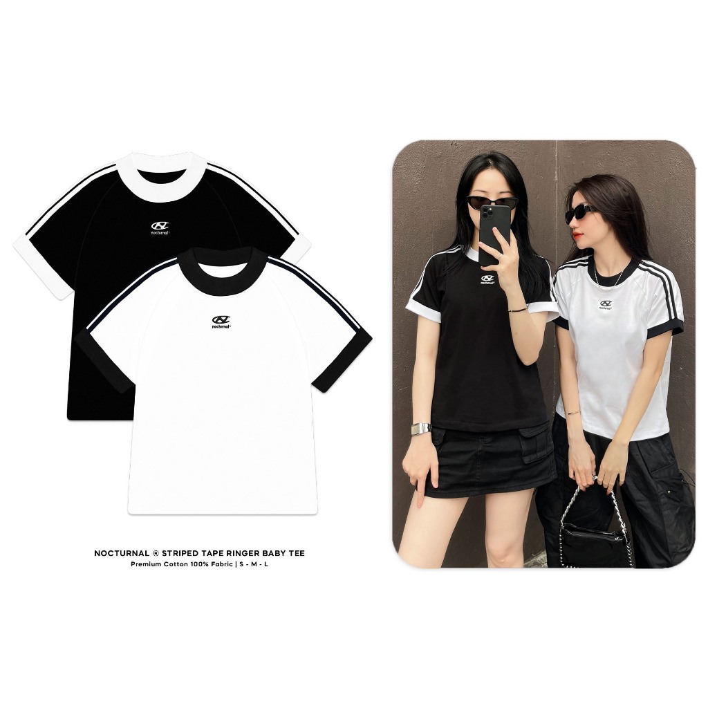 เสื้อยืด Baby Tee สำหรับทุกเพศ NOCTURNAL Striped Tape Ringer Tee ผ้าฝ้าย 100%