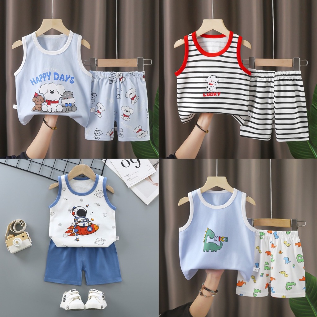 พร้อมส่ง !! เสื้อผ้าเด็ก ชุดเซ็ทเด็ก 2 ชิ้น เสื้อกล้าม+กางเกงขาสั้น ผ้าฝ้ายใส่สบายในช่วงอากาศร้อน ลายการ์ตูน น่ารัก