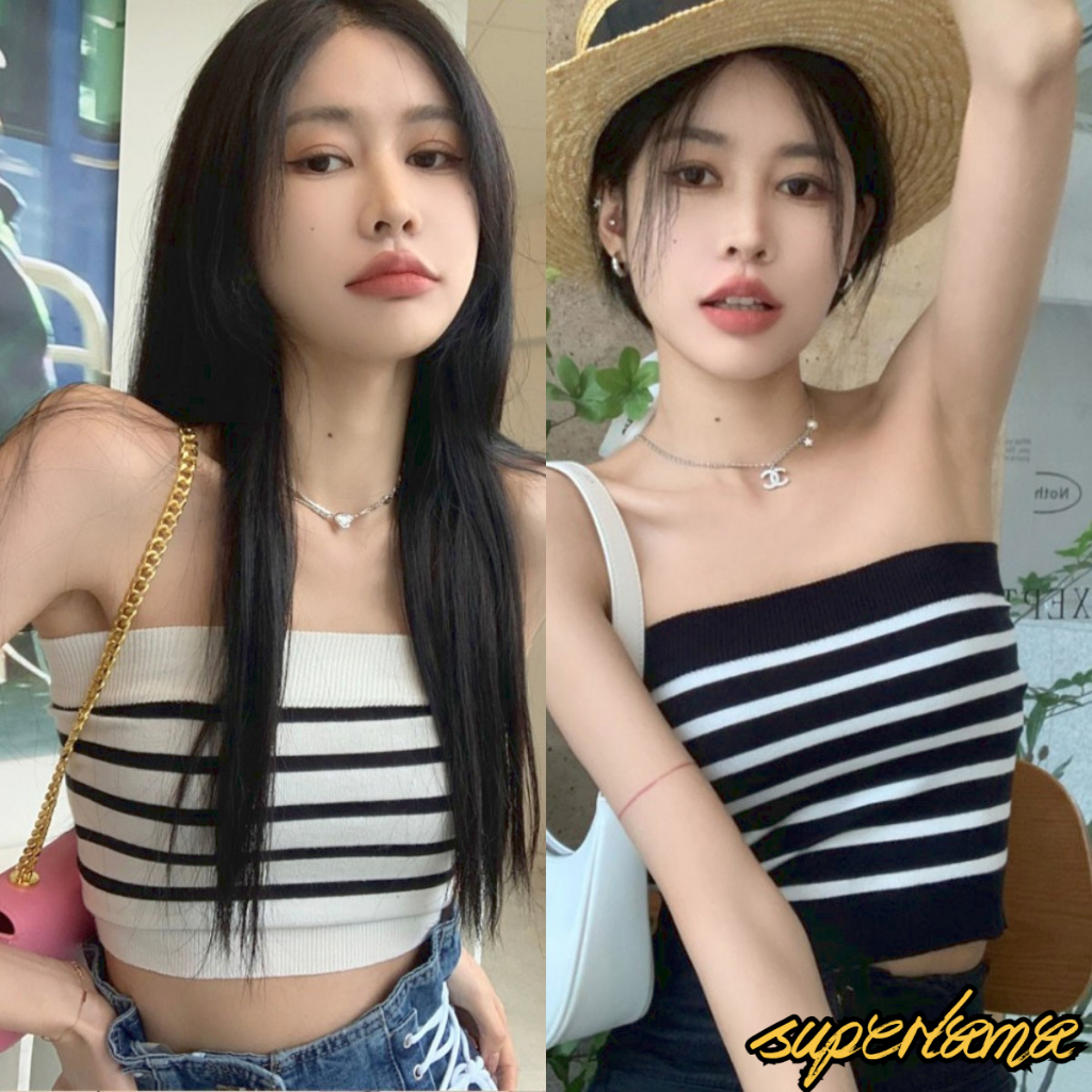 เสื้อแขนกุด เสื้อสายฝอ เสื้อครอปเอวสูง ลายทาง เเซ่บเวอร์ #190292