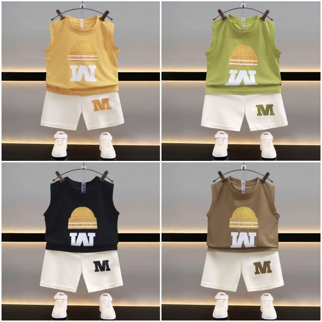 พร้อมส่งในไทย ชุดเซ็ตเด็ก 2 ชิ้น เสื้อเเขนกุด+กางเกงขาสั้น ผ้าวาฟเฟิล ระบายอากาศได้ดี Children's set