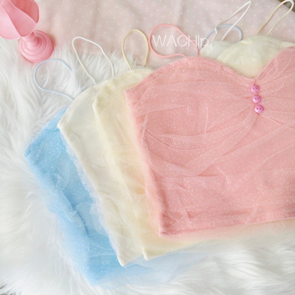 C11 เสื้อสายเดี่ยว 2 ชั้น ไหมพรม/ผ้าตาข่าย ปักกากเพชร แต่งกระดุมด้านหน้า