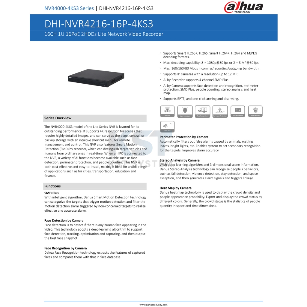NVR4216-16P-4KS3 เครื่องบันทึก Dahua NVR 16ช่อง PoE