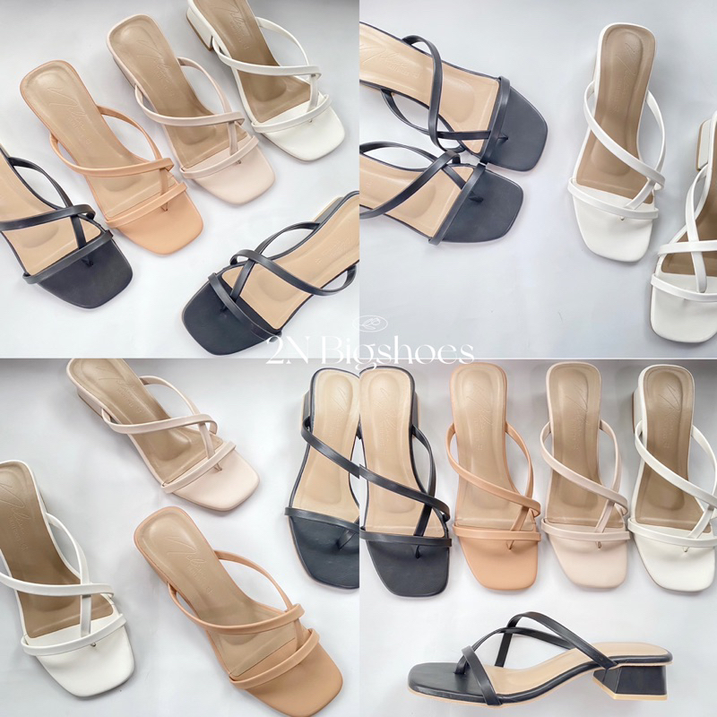 รองเท้าส้นสูงไซส์ใหญ่ 41-45 สายคาดโซบะหนังpu ส้น1นิ้ว (คล้องนิ้วโป้ง)