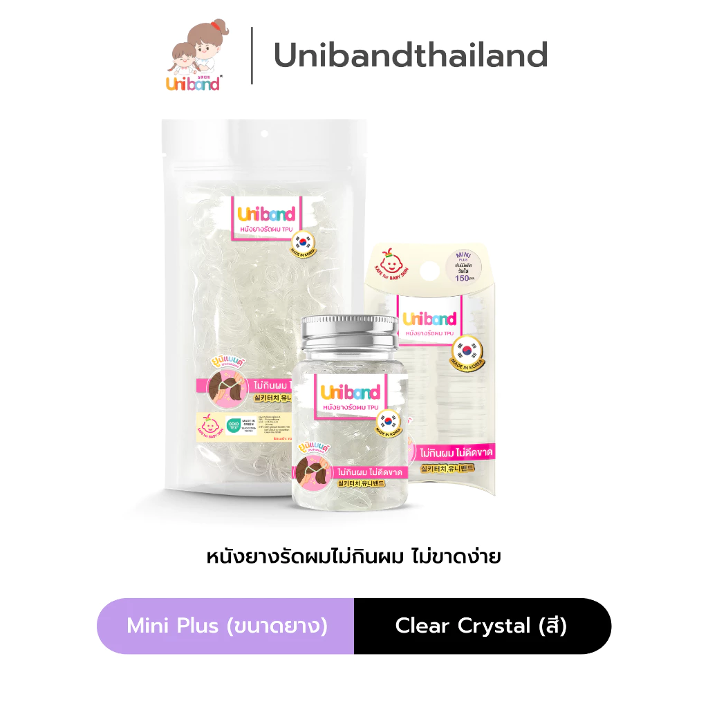 Uniband หนังยางรัดผม ไม่กินผม ไม่ดีดขาดง่าย TPU Mini Plus Size : Clear Crystal