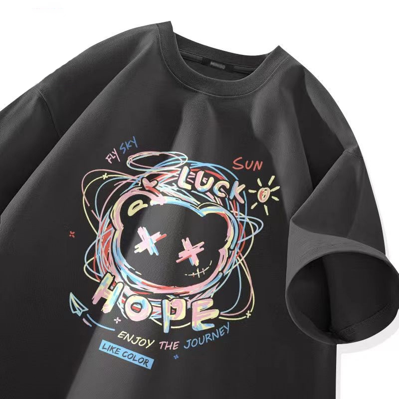 เสื้อยืดผู้หญิงผู้ชาย ผ้าคอตตอน100% [HOPE กราฟฟิตี้เส้นหมี] เสื้อยืดพิมพ์ลายแขนสั้นผ้าฝ้ายรุ่นหลวม S-3XL