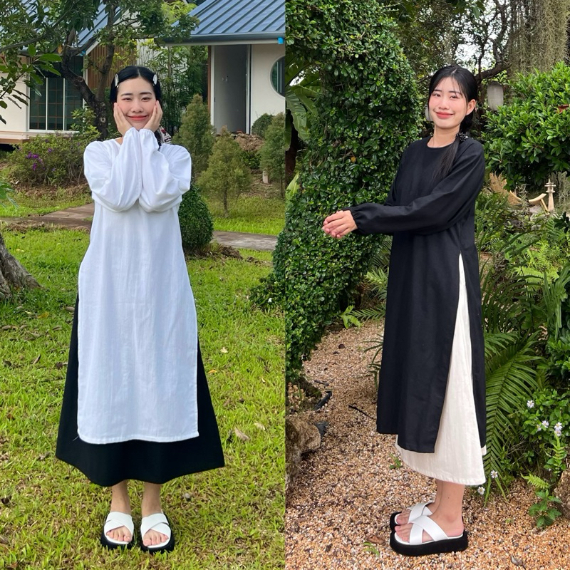 POODSON🌼 เดรสแขนยาวจั๊มปลายแขนผ่าข้างผ้าฝ้าย Manee.cotton