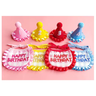 (A07-3)(ได้ทั้งชุด พร้อมส่ง!!) ผ้ากันเปื้อนสัตว์เลี้ยงงานปัก ปลอกคอ HBD+มีเลขอายุพร้อมหมวกปรับสายได้ น่ารักมากๆ