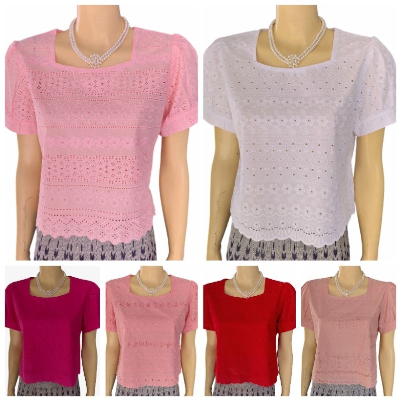 เสื้อลูกไม้ คอ 4 เหลื่อม แขนตุ๊กตาขอบใหญ่ มีเบอร์ 34-42