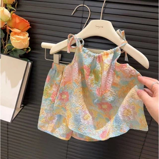 Babyonline(Y431)J5 (ส่งด่วน1วัน)ชุดเซ็ต2ชิ้นแบบรูดสายผูกไหล่ลายดอกไม้สำหรับเด็กผู้หญิง