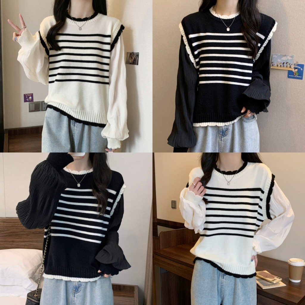 เสื้อคอกลม เสื้อไหมพรมเเขนยาว ยืดลายทาง สไตล์ lazy พิมพ์ลายน่ารัก#22180
