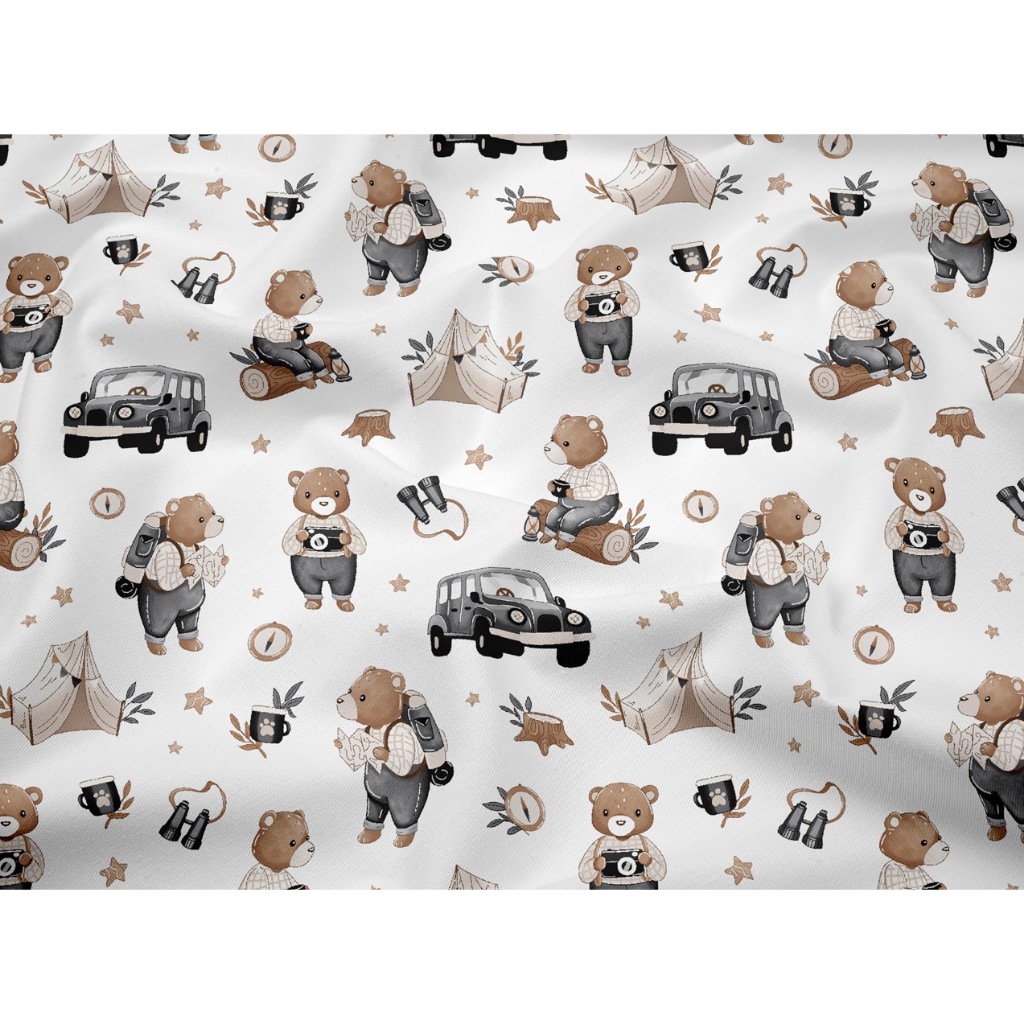 ผ้าาคอตตอน 100% คอตตอนทอทวิล ผ้าหน้ากว้าง 1.6 เมตร ลาย Blue bear travel  ลาย Brown bear travel