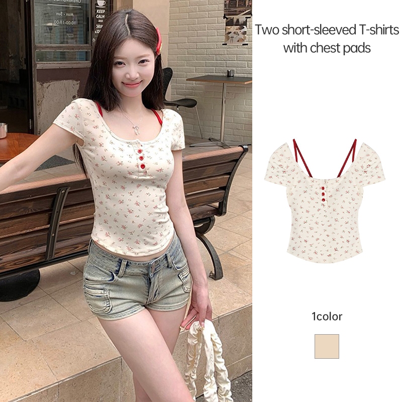 เสื้อยืดแขนสั้นสองชิ้นปลอมผู้หญิงออกแบบ Sense Niche เสื้อยืดสาวเผ็ดเปลือยด้านบน BB
