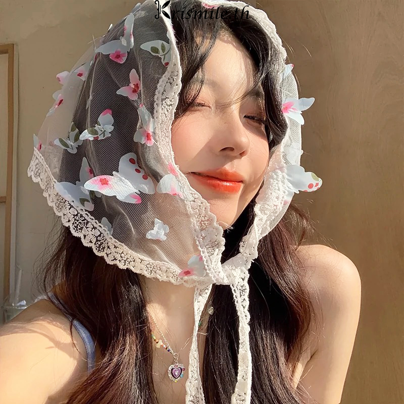 COD-ในไทย💖ผ้าโพกศีรษะ ทรงสามเหลี่ยม รูปผีเสื้อ แต่งลูกไม้ สไตล์ฝรั่งเศส สำหรับผู้หญิง ละเอียดอ่อน ถอดออกได้ เครื่องประดั