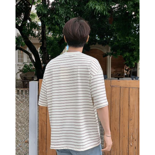 CAZAMAN เสื้อยืด Oversized ลายทาง เสื้อคอนตอน คมกลม คอฟิต 2343