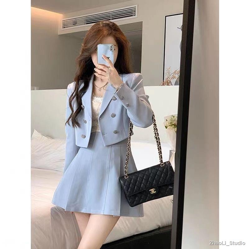 【เซต2ชิ้น】ชุดเซตสไตล์เกาหลี เสื้อเบลเซอร์แขนยาว, เสื้อครอป+กระโปรง, สวยมาก ดูแพง S-XL