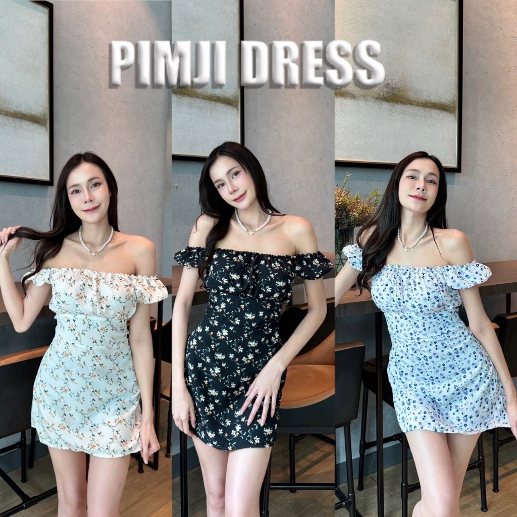 Pimji dress เดรสปาดไหล่ ผ้าวูลพีช