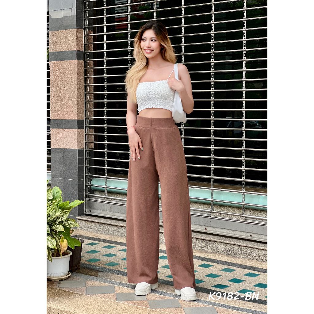 Kloset กางเกงขาบานผู้หญิง กางเกงเอวสูง ลอง ผ้ายืดได้ ฟรีไซต์ขาปล่อยกางเกงขายาวเองสูงปรี๊ด รงกระบอก กระบอกใหญ่ K9182
