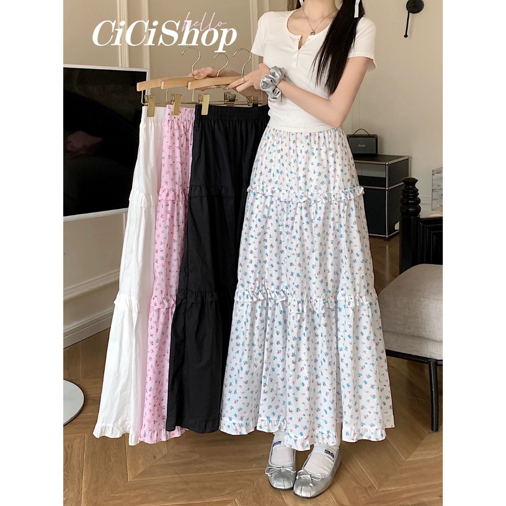Cicishop(4011)กระโปรงยาวแต่งชั้นระบาย เอวสม็อค มีซับในบางๆ สไตล์เกาหลีอ่อนหวาน