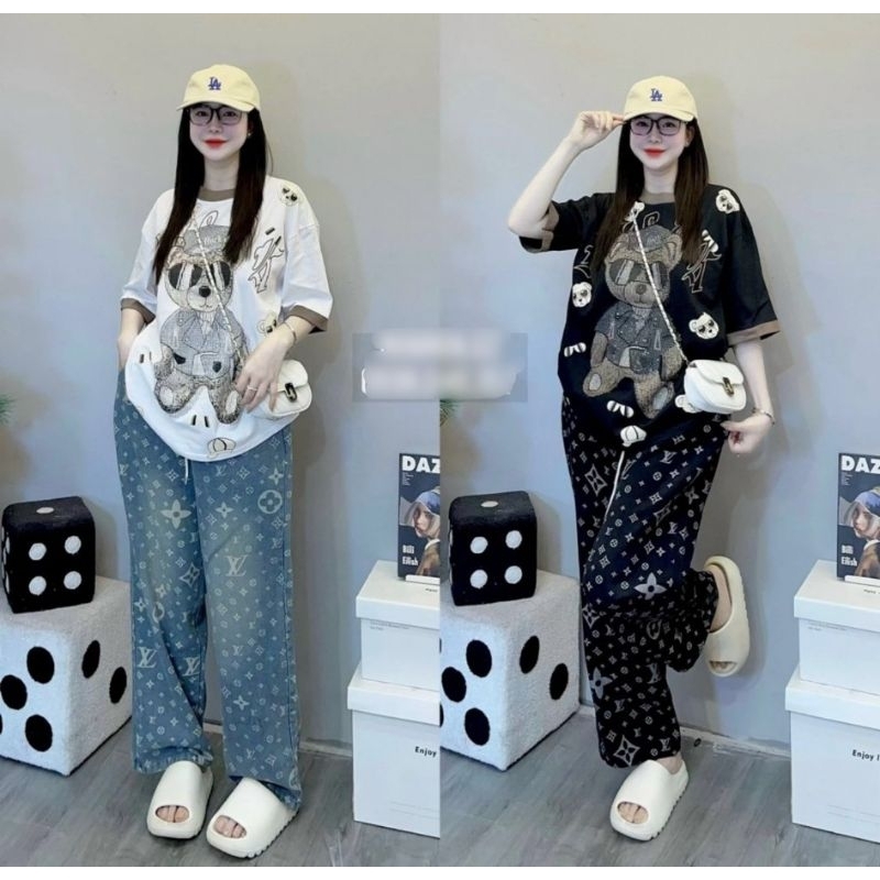ชุดเซต ลายต้าวหมี เท่สุดๆ กางเกงผ้าเกล็ดปลา เสื้อผ้านิ่มแต่งกุ้นคอกับปลายแขน ใส่ถ่ายรูปปังมาก
